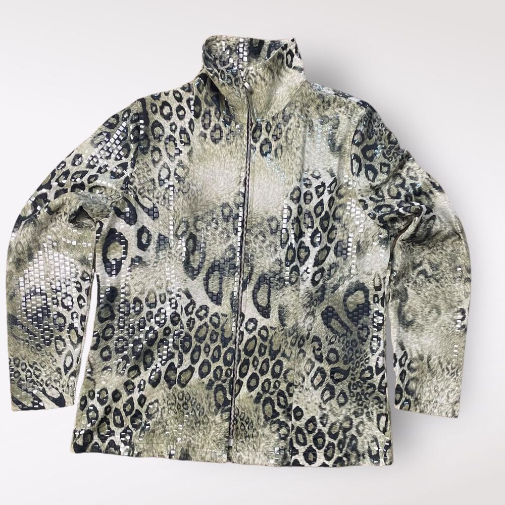 Misook Vintage Y2k Green Leopard Print Jacket Siz… - image 1